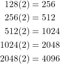 \begin{align*} 128(2) & = 256 \\ 256(2) & = 512 \\ 512(2) & = 1024 \\ 1024(2) & = 2048 \\ 2048(2) & = 4096\end{align*}