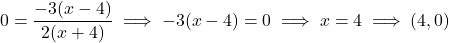 \[0 = \frac{-3(x-4)}{2(x + 4)} \implies -3(x - 4) = 0 \implies x = 4 \implies (4, 0)\]