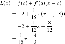 \begin{align*} L(x) & = f(a) + f'(a)(x-a) \\ & = -2 + \frac{1}{12} \cdot (x-(-8)) \\ & = -2 + \frac{1}{12}x + \frac{8}{12} \\ & = \frac{1}{12}x - \frac{4}{3}. \end{align*}