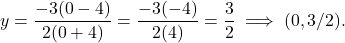 \[y = \frac{-3(0-4)}{2(0 + 4)} = \frac{-3(-4)}{2(4)} = \frac{3}{2} \implies (0, 3/2).\]