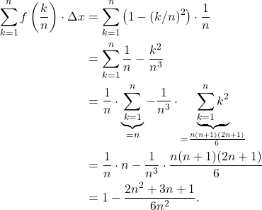 \begin{align*} \sum_{k=1}^{n} f\left( \frac{k}{n} \right) \cdot \Delta x & = \sum_{k=1}^{n} \left( 1-(k/n)^2\right) \cdot \frac{1}{n} \\ & = \sum_{k=1}^{n} \frac{1}{n} - \frac{k^2}{n^3} \\ & = \frac{1}{n} \cdot \underbrace{\sum_{k=1}^{n} }_{= n} - \frac{1}{n^3} \cdot \underbrace{\sum_{k=1}^{n} k^2}_{= \frac{n(n+1)(2n+1)}{6}} \\ & = \frac{1}{n} \cdot n - \frac{1}{n^3} \cdot \frac{n(n+1)(2n+1)} {6} \\ & = 1 - \frac{2n^2 + 3n + 1}{6n^2}.\end{align*}