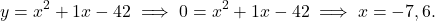 \begin{equation*}y = x^2 + 1x - 42 \implies 0  = x^2 + 1x - 42\implies x = -7, 6. \end{equation*}