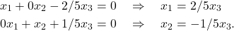 \begin{align*} x_1 + 0x_2 - 2/5x_3 & = 0 \quad \Rightarrow \quad x_1 =2/5x_3 \\ 0x_1 + x_2 + 1/5x_3 & = 0 \quad \Rightarrow \quad x_2=-1/5x_3. \end{align*}