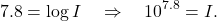 \begin{equation*} 7.8 = \log I \quad \Rightarrow \quad 10^{7.8} = I.\end{equation*}